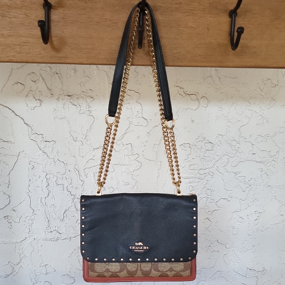 Coach Black and Brown Signature Crossbody with Gold Chain